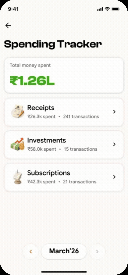 Smooth Money app: spending overview with receipts, subscriptions, and investments.